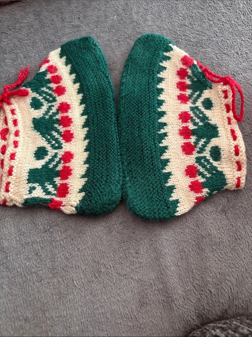 Hand-Knit Kids Slipper Sock in Green, Cream & Red handmade